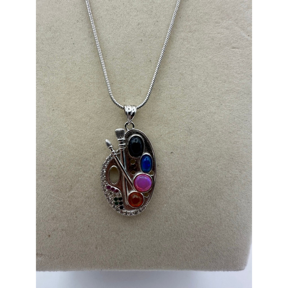 Silver and Opal Artist Palette Pendant on Stainless Steel Chain - Picture 7 of 10